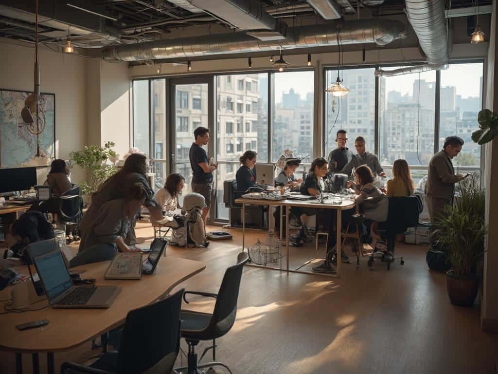 Diverse young professionals collaborating in a modern, open-concept tech office with natural light in Oakland, embodying the city's entrepreneurial spirit and economic resilience