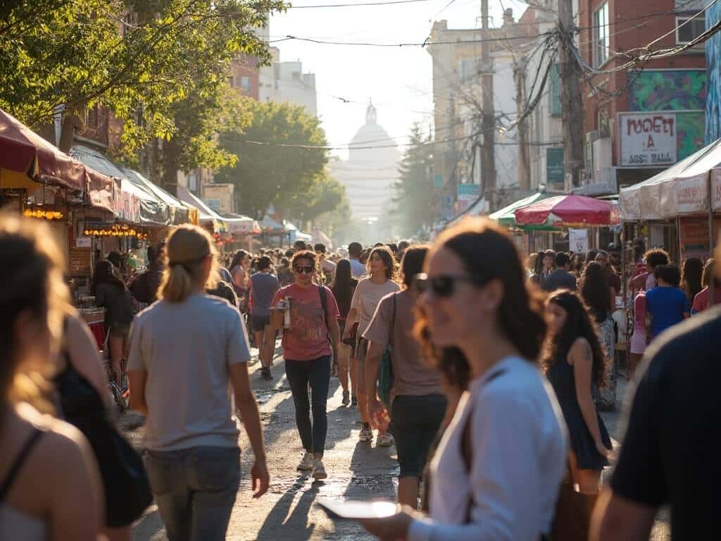 Diverse crowd at an outdoor food festival in Uptown Oakland with colorful murals, food vendors and warm afternoon sunlight