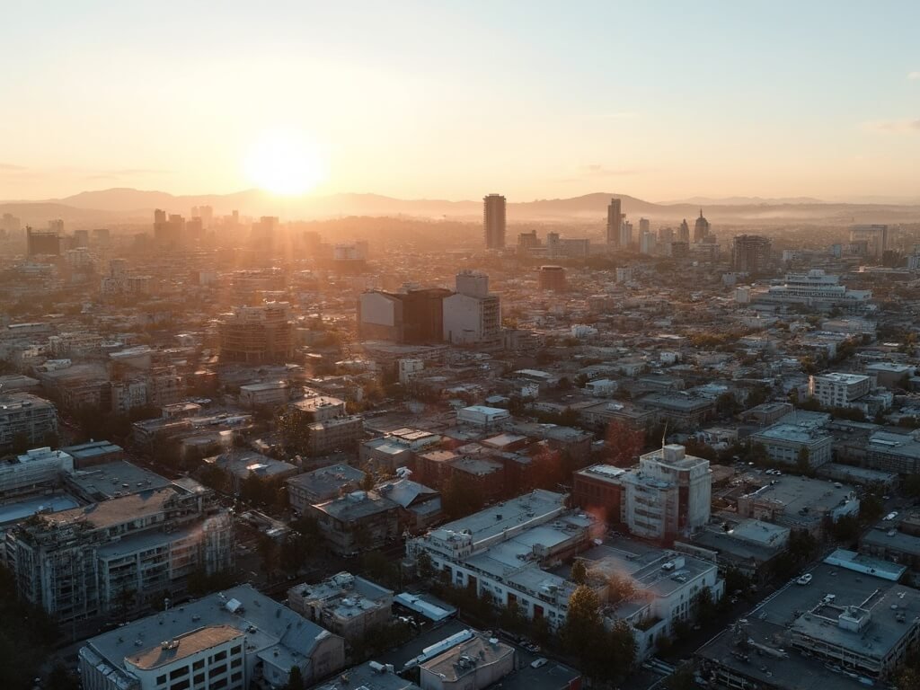 Panoramic view of Oakland's urban renewal at golden hour, featuring a mix of modern and historic architecture