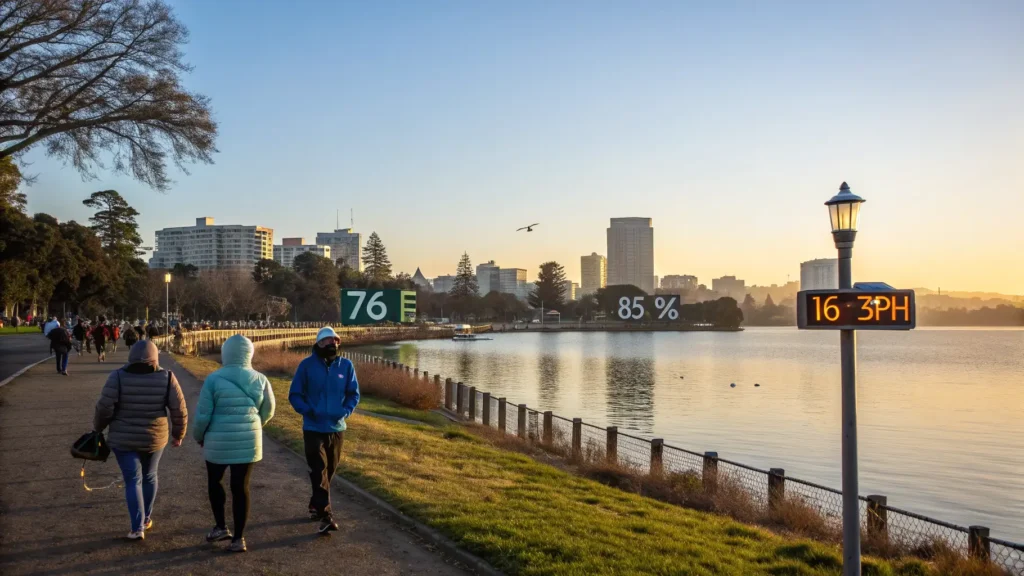 "Golden hour at Lake Merritt, Oakland waterfront with people strolling, temperature showing 76°F, clear blue sky, mild wind over the water and downtown skyline in the backdrop, sun protection gear worn, in a professional travel photo, 8k quality."
