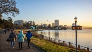 "Golden hour at Lake Merritt, Oakland waterfront with people strolling, temperature showing 76°F, clear blue sky, mild wind over the water and downtown skyline in the backdrop, sun protection gear worn, in a professional travel photo, 8k quality."