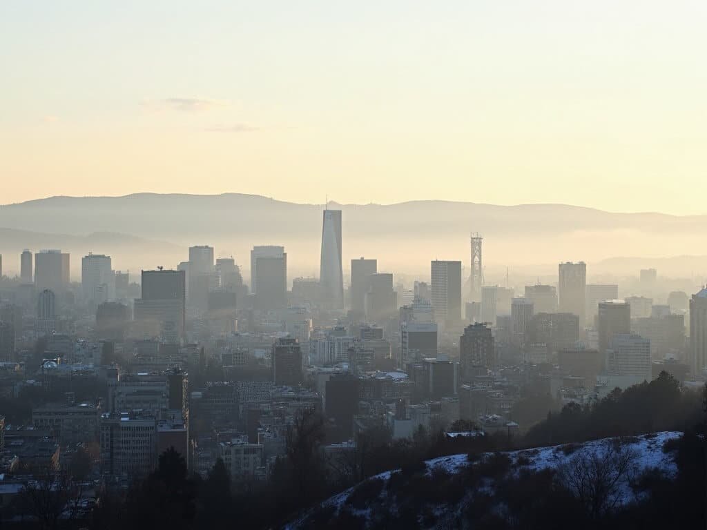 Oakland's urban skyline in soft winter light with misty hills in the background showcasing the city's architectural diversity in February, captured from an elevated perspective in soft natural colors