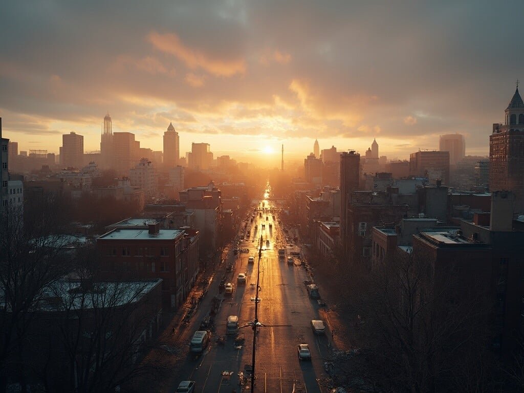 Winter sunset over Oakland with silhouetted city buildings under a golden-gray sky, soft light reflecting off wet surfaces, highlighting December's atmospheric conditions