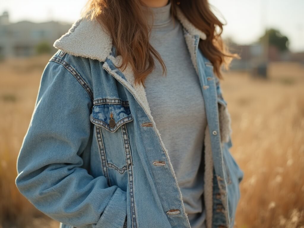 Fresno's October: Your Ultimate Weather and Travel Guide Layered clothing items with a light denim jacket over a long-sleeve shirt representing October weather versatility, against a blurred background of urban scene in Fresno with dry grasses