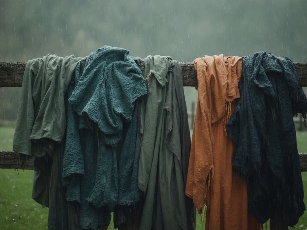 Layered clothing draped on fence under soft rainfall, showcasing muted grey and green tones in natural light