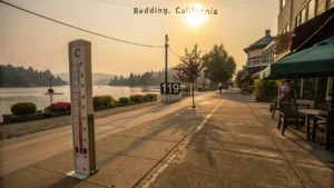 "Downtown Redding, California under intense July heat captured through a wide-angle lens, with visible air distortion due to heat, thermometer displaying 119°F, Mount Shasta in the hazy distance, locals seeking shade and lowered water line of Lake Shasta, in ultra-realistic style emphasizing heat distortion and harsh sunlight."