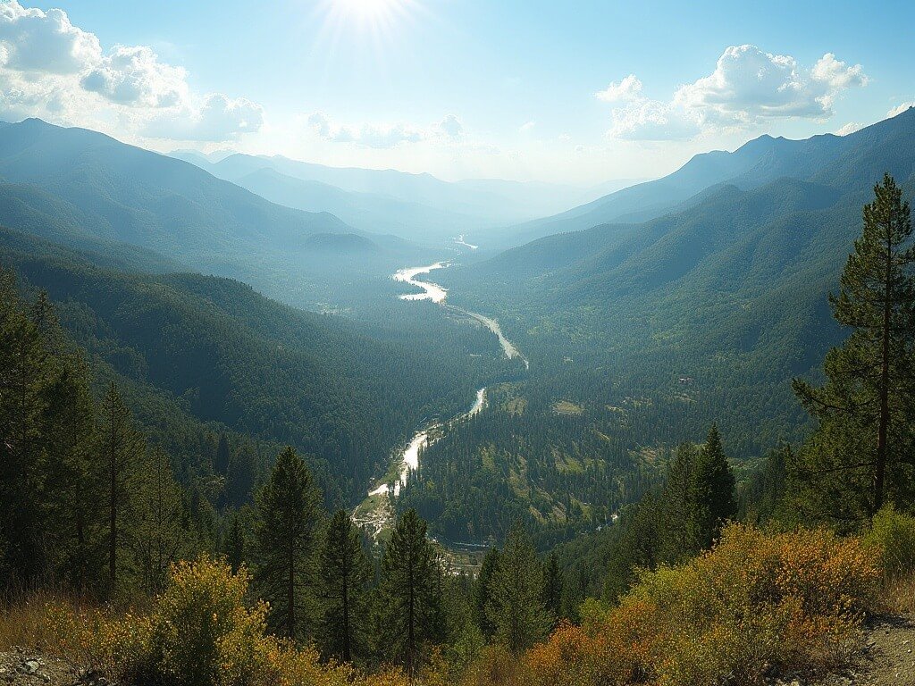 Panoramic view of Redding, California with mountains, forests, and a winding river under bright summer sunlight