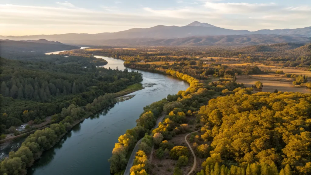 "Aerial view of Redding, California showing the Sacramento River, Whiskeytown National Recreation Area, fields of sunflowers and zinnias, Shasta Lake, Mount Shasta, hikers on trails, and golden hour lighting in September"