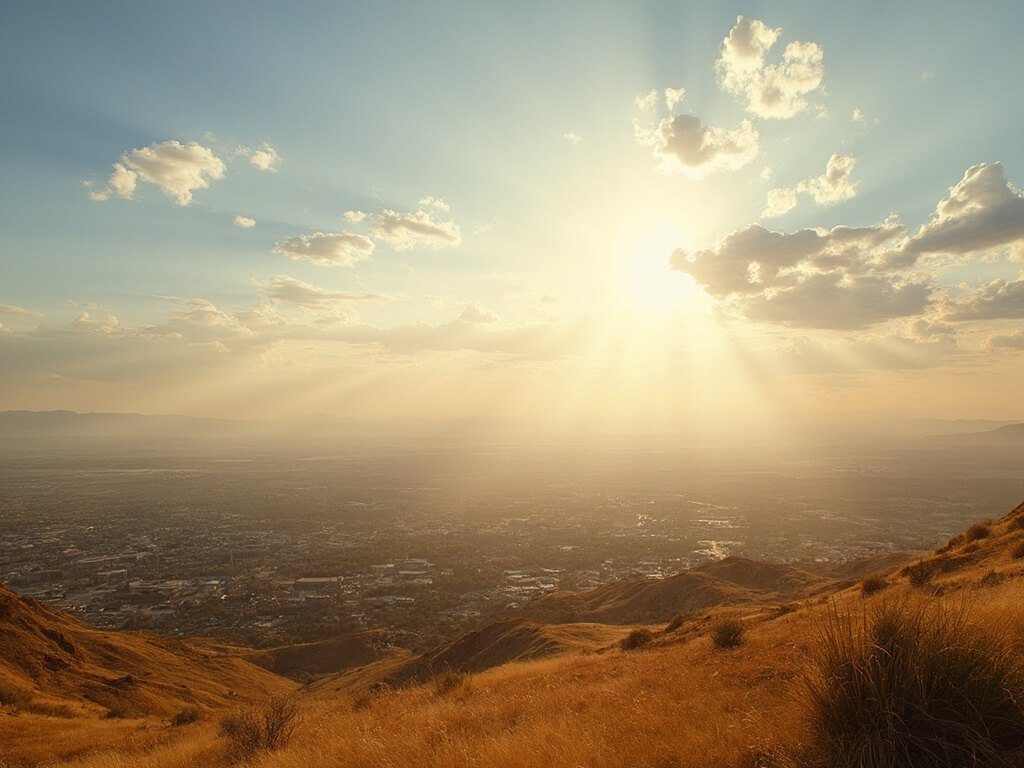 Redding's Scorching July: A Survival Guide to America's Hottest City High noon view of Redding, California in July, showing heat waves over the dry, golden-brown urban and natural landscape with minimal clouds