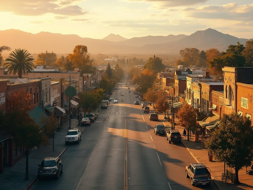 Redding in May: Your Ultimate Guide to California's Hidden Sunny Paradise Panoramic view of Redding's vibrant downtown area bathed in golden hour light, showcasing lush landscape and distant mountains
