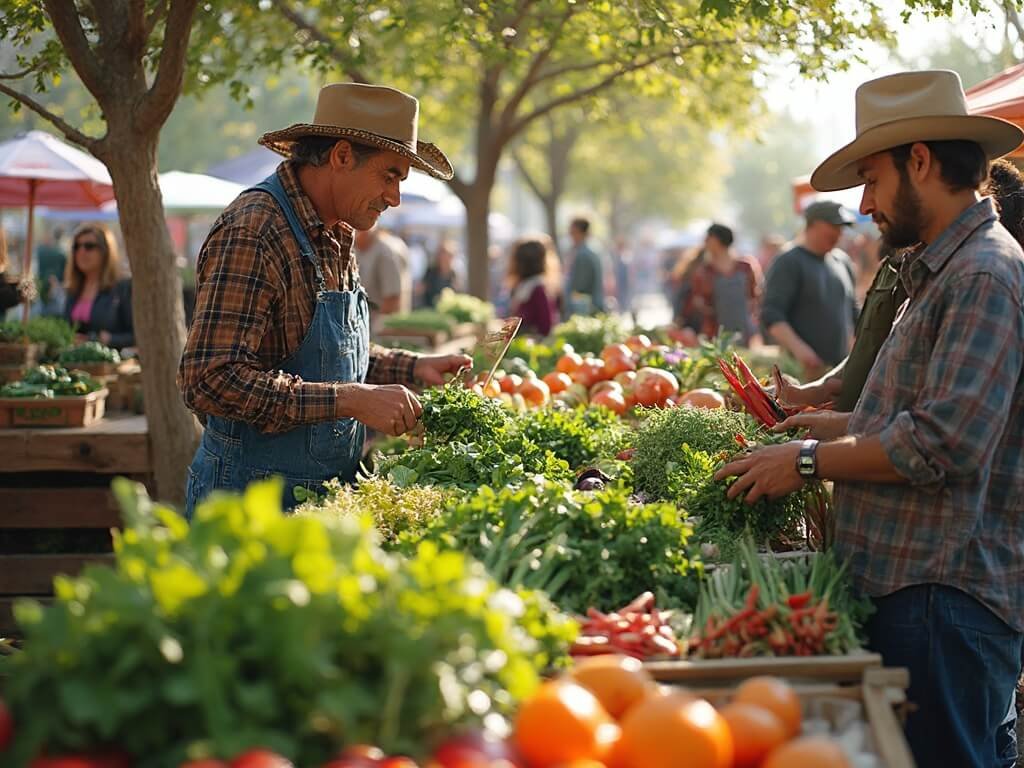 Redding in March: Your Ultimate Guide to Northern California's Hidden Springtime Gem Local farmers market in Redding bustling with community members, wooden stalls displaying early spring produce in bright sunlight, symbolizing the agricultural awakening of the community.