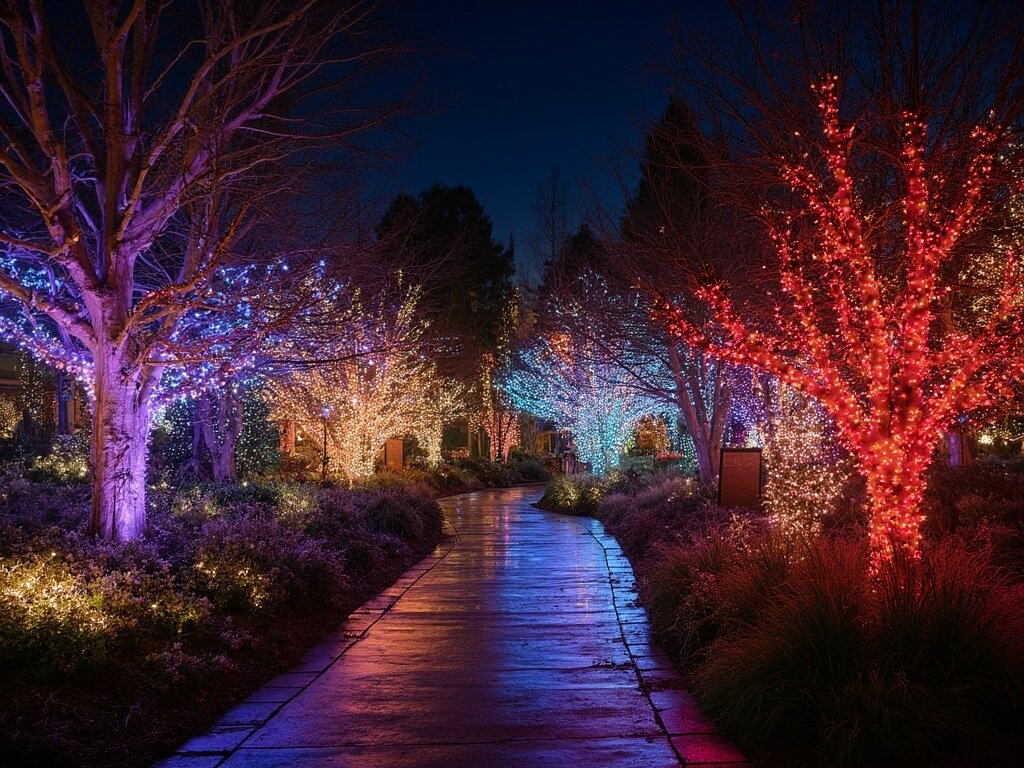 Redding in December: Your Ultimate Cold-Weather Playground Revealed Nighttime view of the Redding Garden of Lights featuring a multitude of glowing lights outlining garden pathways and silhouetting trees, creating a magical winter atmosphere