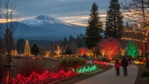 "Families enjoying a mild winter evening at Redding's Turtle Bay Exploration Park Garden of Lights, with over a million colorful holiday lights illuminating the gardens and Mount Shasta's snow-capped peak in the background."