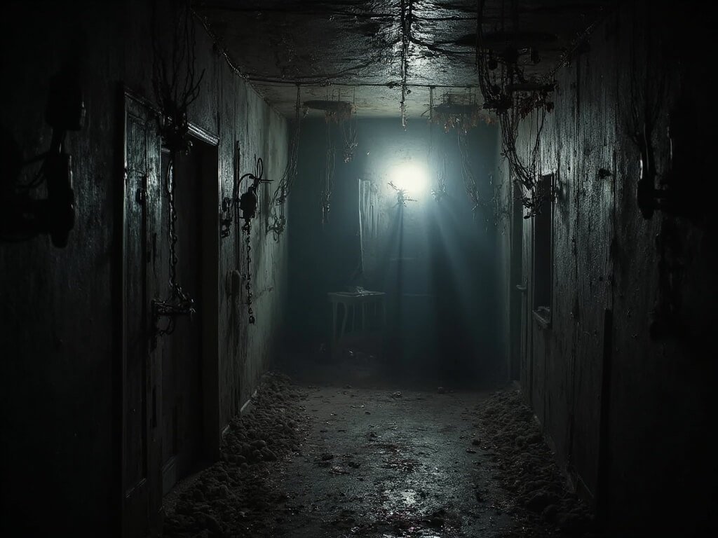 Why Redding in October is Your Secret Autumn Paradise (No Tourist Traps Included) Atmospheric Halloween scene at Redding Haunted House with intricate horror set design, dim lighting and shadowy corridors.