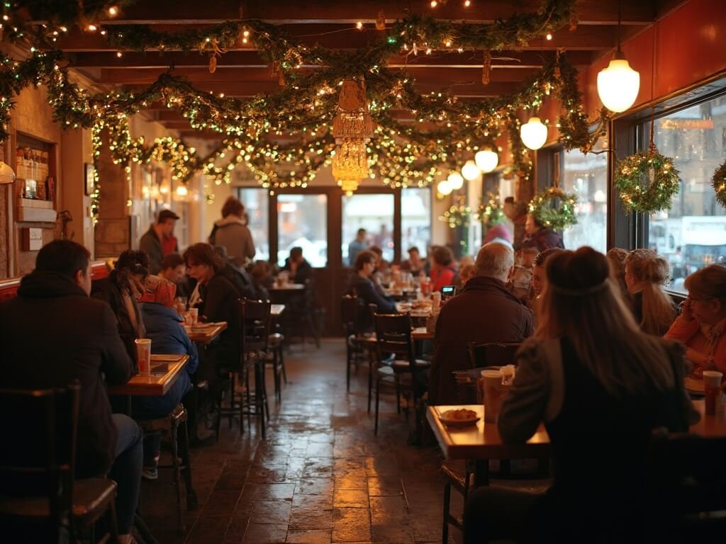Redding in December: Your Ultimate Cold-Weather Playground Revealed Holiday season at a bustling local restaurant in Redding illuminated with warm lights and festive decor, showcasing a vibrant economic scene with patrons enjoying their meals.