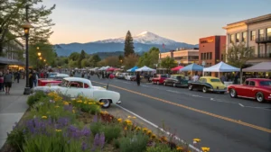 "Vintage cars lined up at Kool April Nites festival in downtown Redding, California with spectators, food vendors, and live music amidst blooming flowers, the Sacramento River, and snow-capped Mount Shasta in the background."
