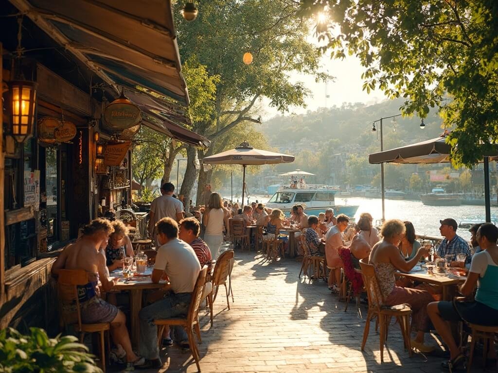 Bustling riverside cafe in Redding during summer peak season, filled with locals and tourists enjoying the warm sunlight in the outdoor seating area.