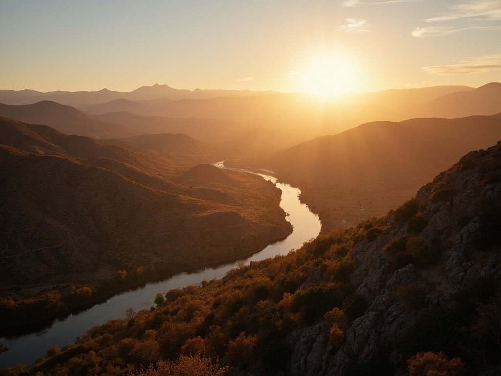 Golden hour landscape of Sacramento River winding through Redding's Northern California terrain, with Shasta County mountains in the background under soft September light