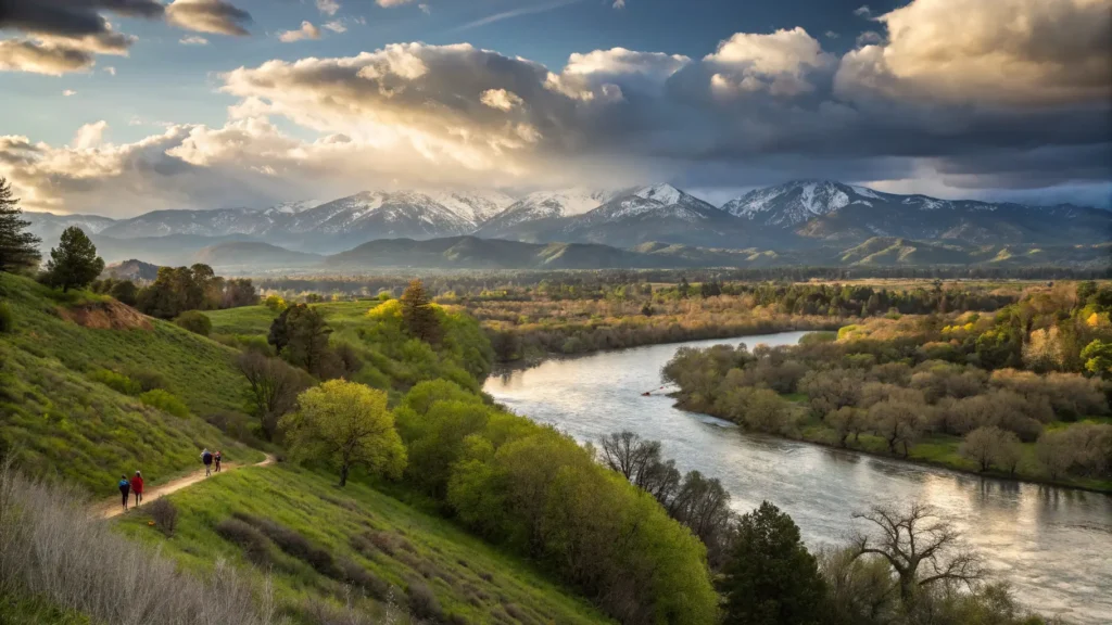 Redding in March: Your Ultimate Guide to Northern California's Hidden Springtime Gem "Early spring panorama of Redding, California featuring Sacramento River, hikers on its trail, blooming wildflowers, greenery, snow-capped mountains and dynamic skies in golden hour light."