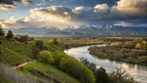 "Early spring panorama of Redding, California featuring Sacramento River, hikers on its trail, blooming wildflowers, greenery, snow-capped mountains and dynamic skies in golden hour light."