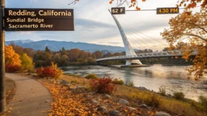 "Sundial Bridge in Redding, California during a golden autumn afternoon with colorful fall foliage, clear river, distant mountains, and scattered leaves on riverside trail, with people in light jackets enjoying the 62°F temperature."