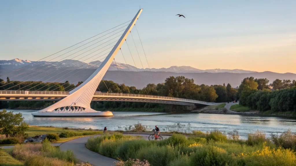 "Sundial Bridge at sunset in Redding, California with Sacramento River in the foreground, Mount Shasta in the background, and outdoor activities including cycling and kayaking"