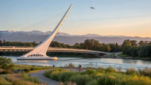 "Sundial Bridge at sunset in Redding, California with Sacramento River in the foreground, Mount Shasta in the background, and outdoor activities including cycling and kayaking"