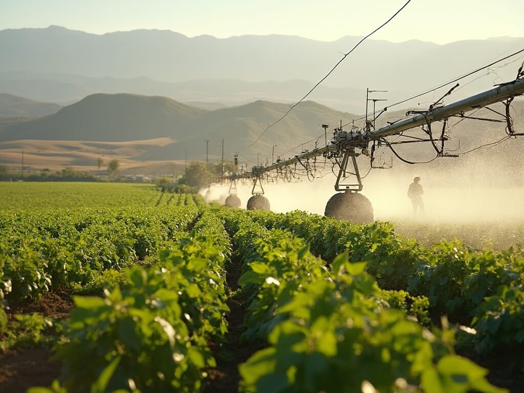 Redding in May: Your Ultimate Guide to California's Hidden Sunny Paradise Sustainable agricultural field with advanced irrigation systems and workers near Redding, Northern California