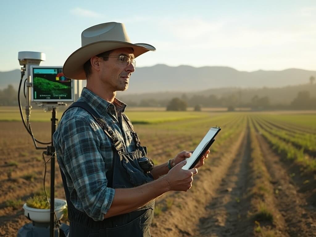 Redding in March: Your Ultimate Guide to Northern California's Hidden Springtime Gem Farmer utilizing digital tablet in a partially planted field with advanced weather monitoring equipment and precision farming technology in Redding's modern agricultural landscape