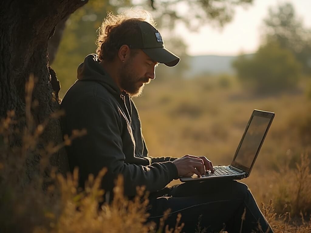 Redding in May: Your Ultimate Guide to California's Hidden Sunny Paradise Redding tech professional working remotely on a laptop in wilderness, symbolizing blend of technology, remote work, and nature