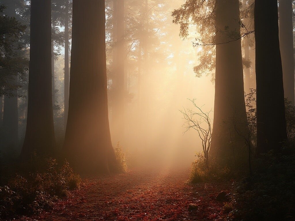 Misty morning autumn landscape at Redwood Regional Park with silhouetted tall redwood trees, golden light, and fallen leaves on the forest floor, capturing depth and tranquility in a professional photography style