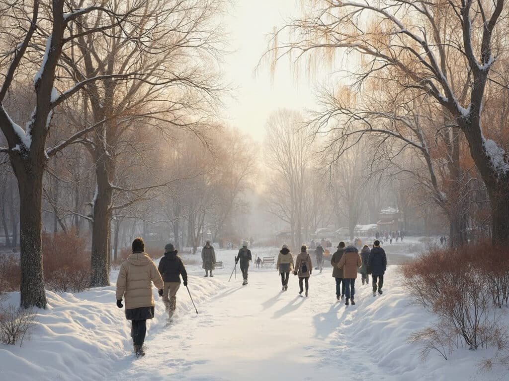 Winter scene at Roeding Park with people in light jackets, leafless trees with delicate branches, and soft diffused daylight in muted browns and grays
