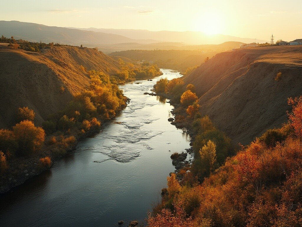 Sacramento River winding through Redding's landscape in a late afternoon golden light, showcasing the diverse riverbank vegetation and early autumn colors
