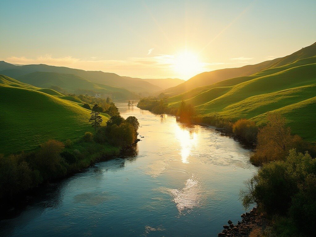 Redding Unveiled: Your Ultimate April Adventure Guide Sacramento River at golden hour with sunlight reflecting on water, green rolling hills in springtime, Northern California