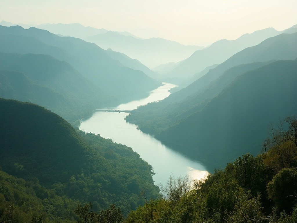 Redding in March: Your Ultimate Guide to Northern California's Hidden Springtime Gem Panoramic view of Sacramento River winding through green mountains under misty morning light, embodying spring transition with pastel colors and new vegetation