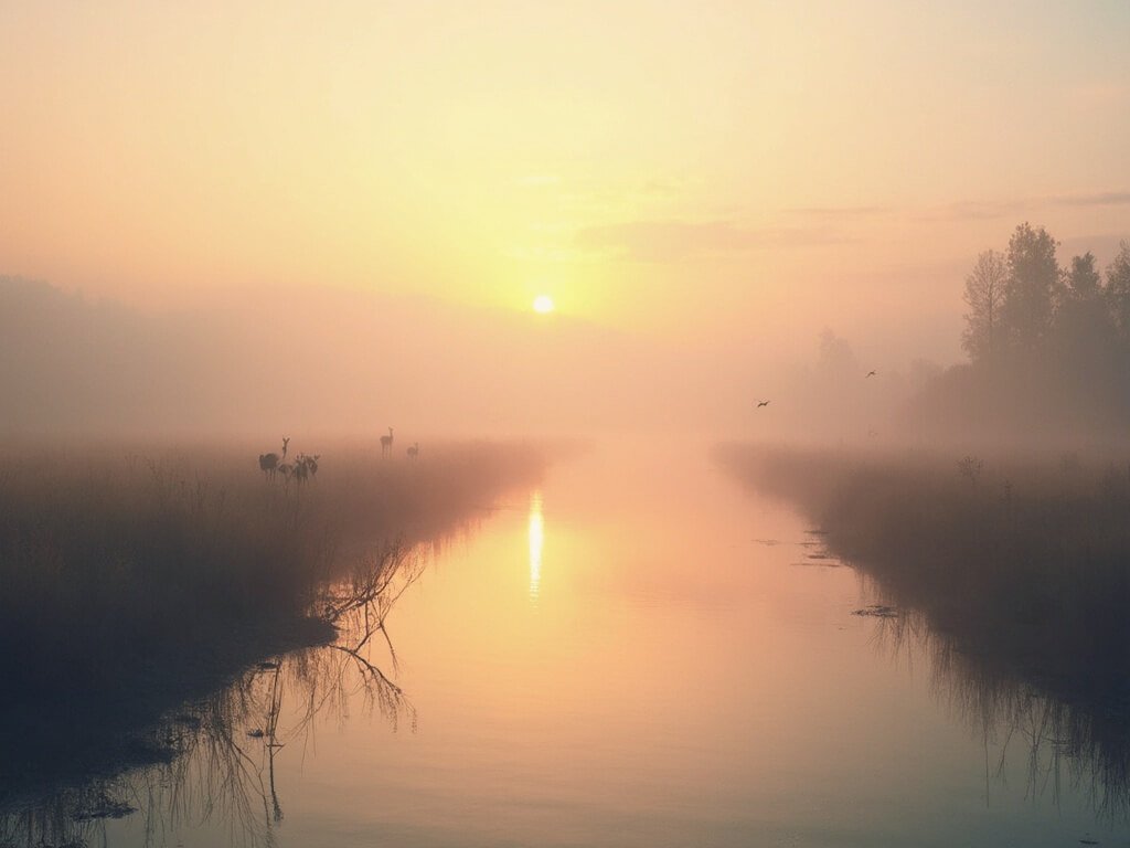 Redding Unveiled: Your Ultimate April Adventure Guide Early sunrise over Sacramento River Trail with misty waters, distant deer silhouettes, tranquil foggy river banks, and soft pastel sky