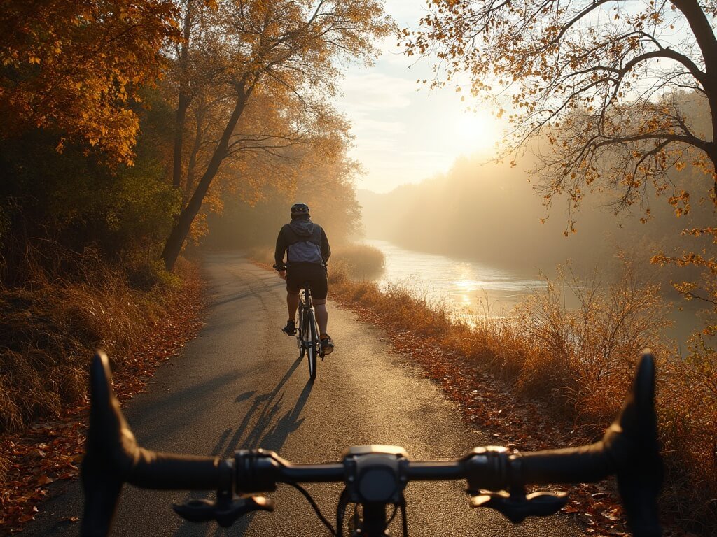 Why Redding in October is Your Secret Autumn Paradise (No Tourist Traps Included) Bicycle on Sacramento River Trail amidst autumn foliage, with the river and morning mist visible on one side, under soft golden sunlight in Northern California