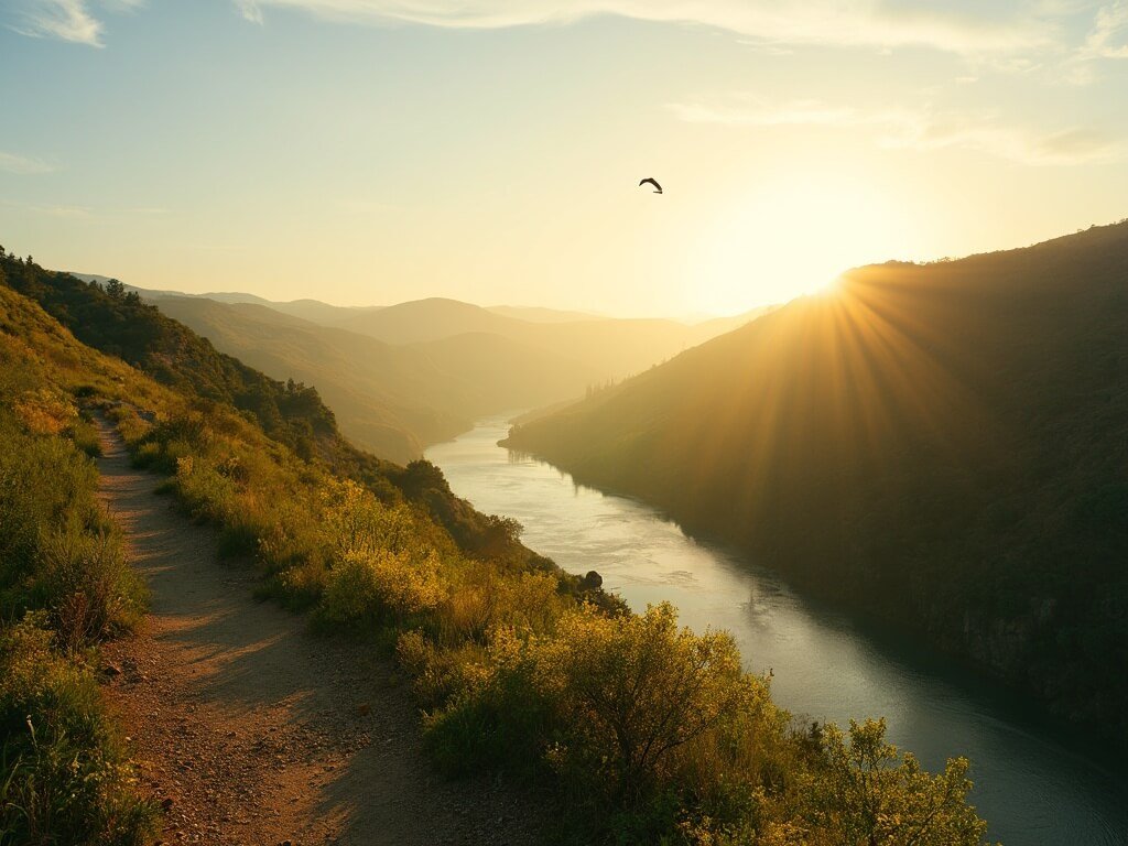 Panoramic view of the Sacramento River Trail with lush green hills, golden sunlight, and a bald eagle soaring in the early morning light