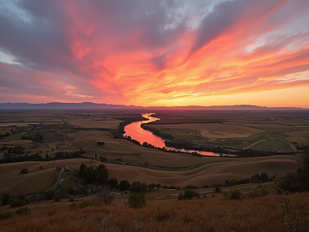 Sunset over San Joaquin River Parkway with agricultural fields, winding river, and silhouetted mountains against a vibrant sky