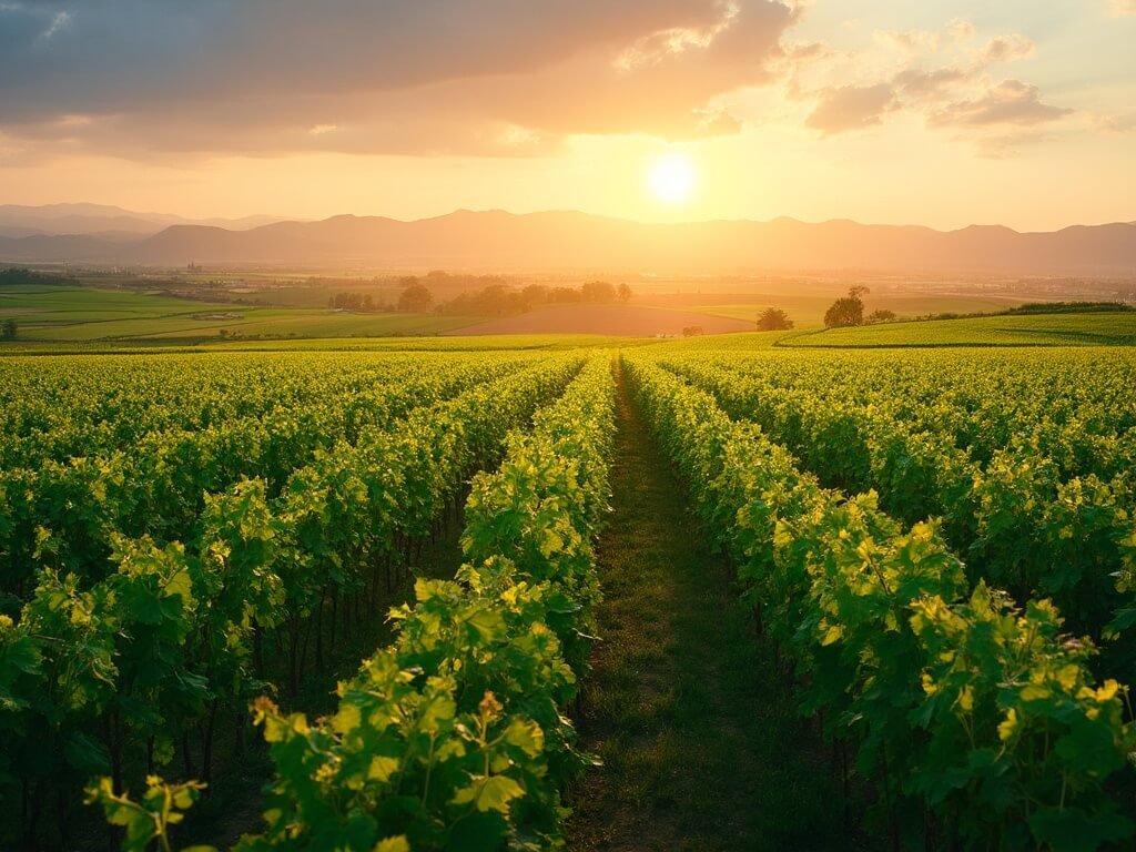 Emerging green crops in expansive farmland of San Joaquin Valley with distant mountain silhouettes and dramatic morning light