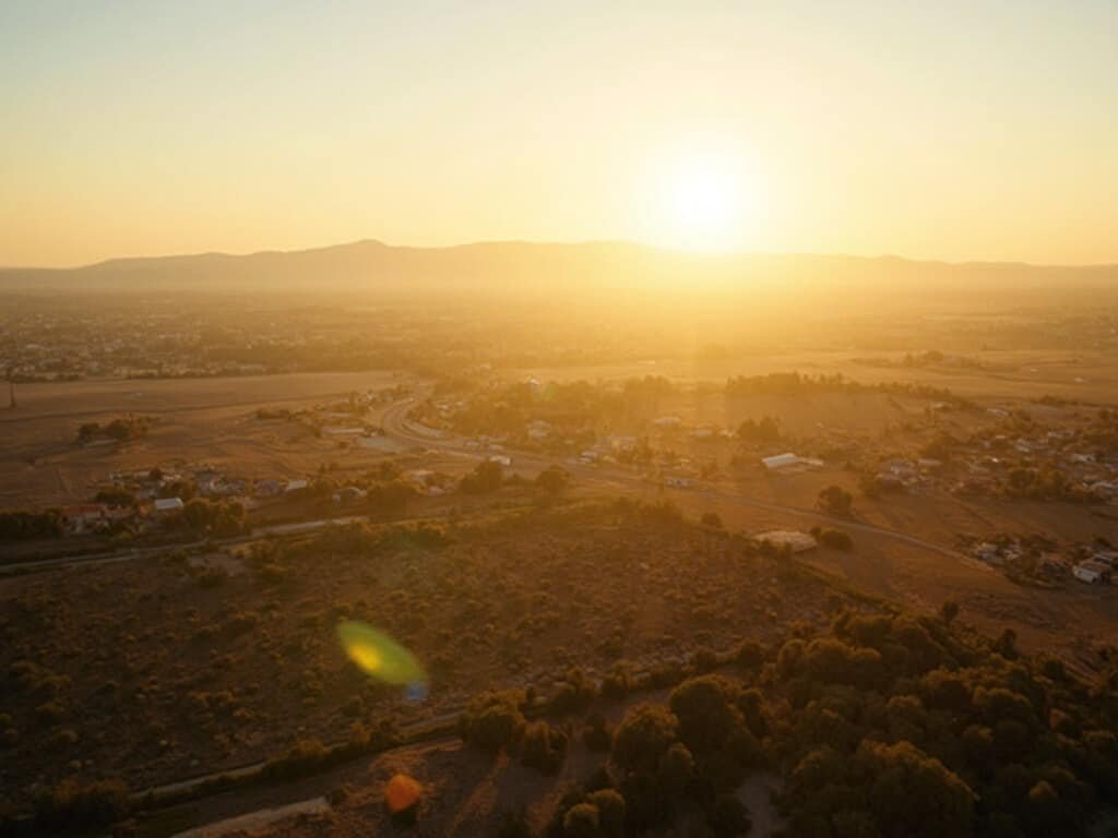 Panoramic view of the San Joaquin Valley in early May with golden sunlight on agricultural fields and distant mountain silhouettes