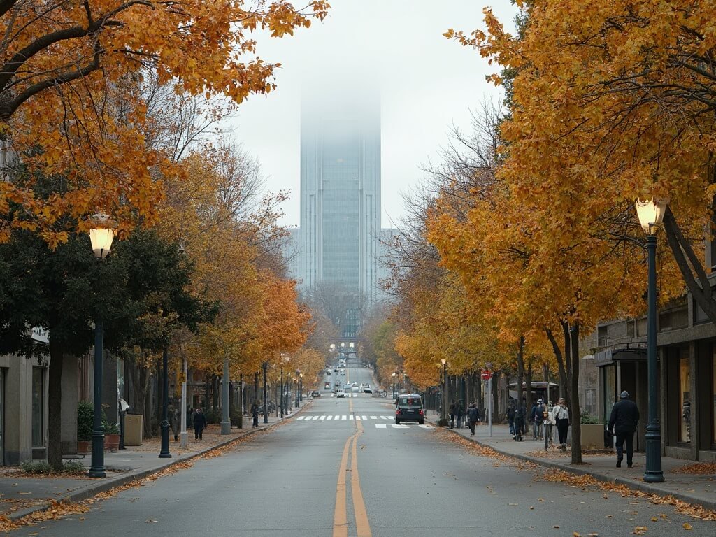 Peaceful November scene of tree-lined streets in San Jose, showcasing autumn colors, overcast light, minimal pedestrian traffic, and modern city architecture.