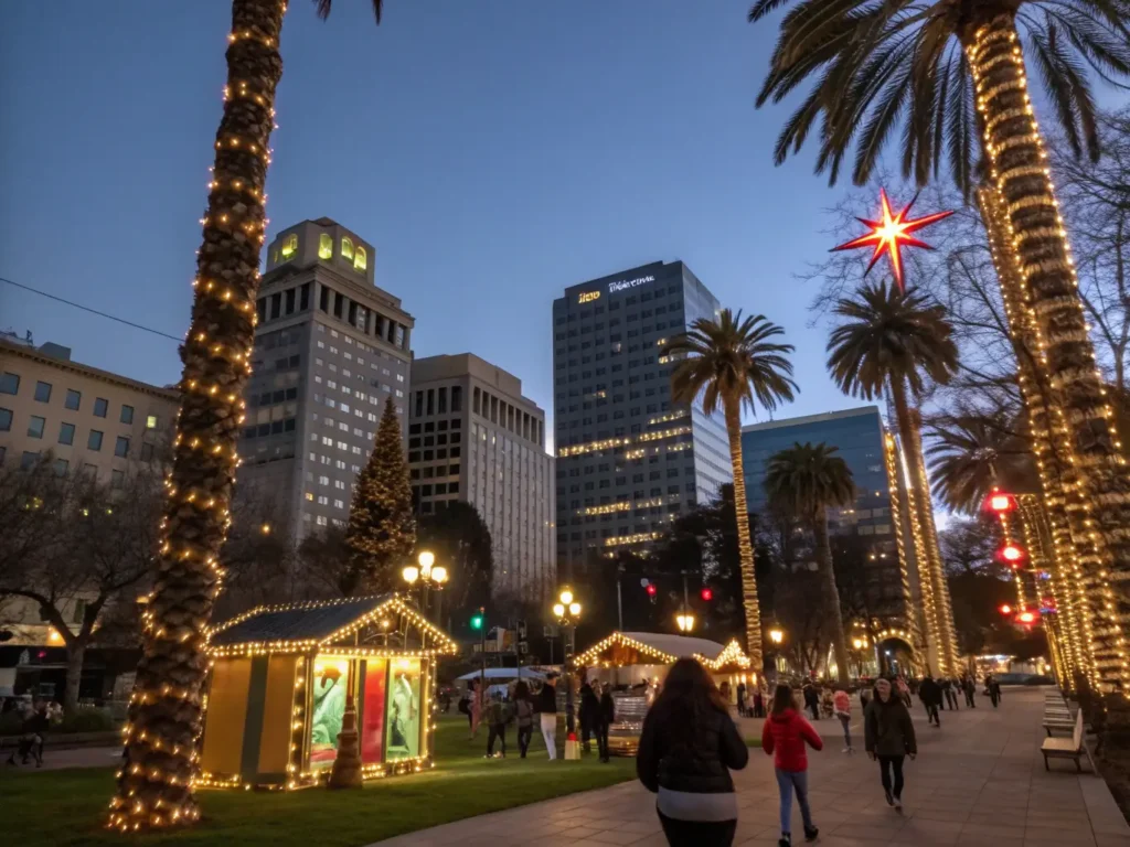 "Families enjoying Christmas in the Park festival in downtown San Jose with illuminated holiday displays, glowing festive palm trees, and modern skyscrapers under a clear December night sky"