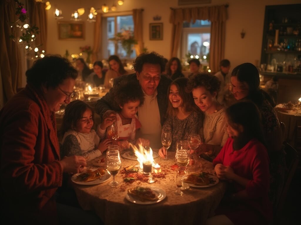 San Jose in December: Your Ultimate Winter Wonderland Guide 🌧️🎄 Diverse multicultural community celebrating together indoors during the San Jose winter holidays, highlighting unity and inclusive spirit.