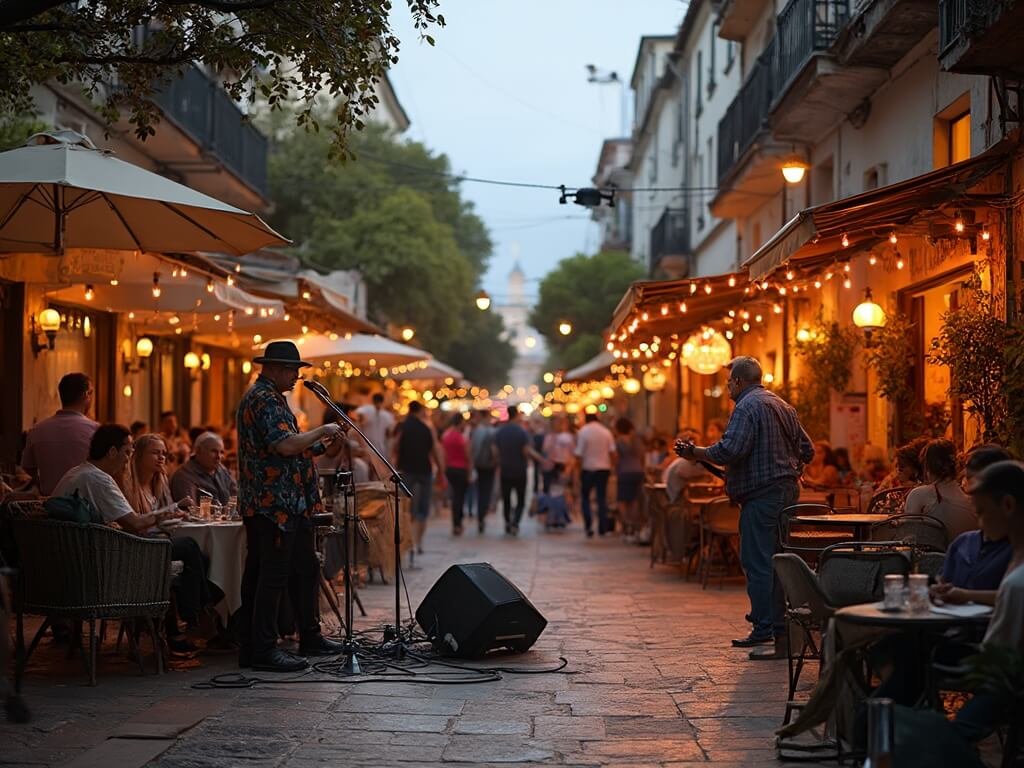 Live music performance in San Jose's San Pedro Square with bustling outdoor restaurant, diverse crowd enjoying warm evening in a candid street photography style