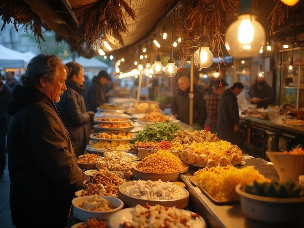 San Jose in December: Your Ultimate Winter Wonderland Guide 🌧️🎄 Winter scene at a bustling food market in San Jose showcasing diverse culinary stalls with seasonal ingredients, people sampling fusion dishes, and a community enjoying the warm ambiance.