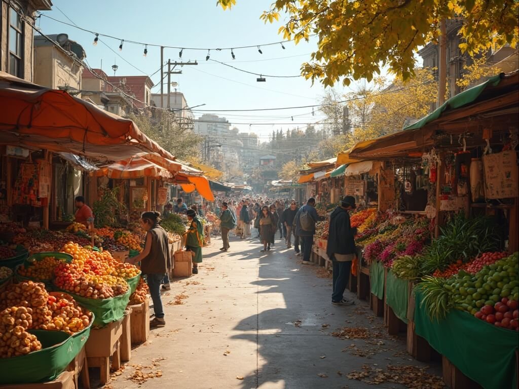 Elevated view of San Pedro Square farmers market in November with vibrant produce stalls, local vendors, and a bustling atmosphere, illuminated by soft natural lighting