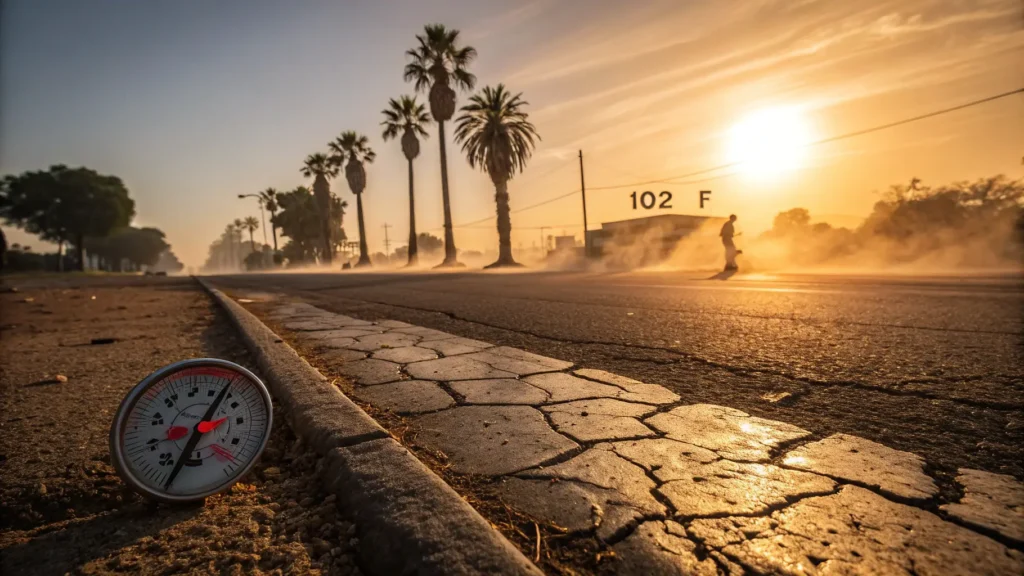 "Dramatic wide-angle photo of a heat mirage in Fresno's Central Valley, thermometer showing 102°F, distorted palm tree silhouettes, stark shadows, abandoned melting sneakers, with emphasized heat wave distortion effects and orange-yellow color palette"