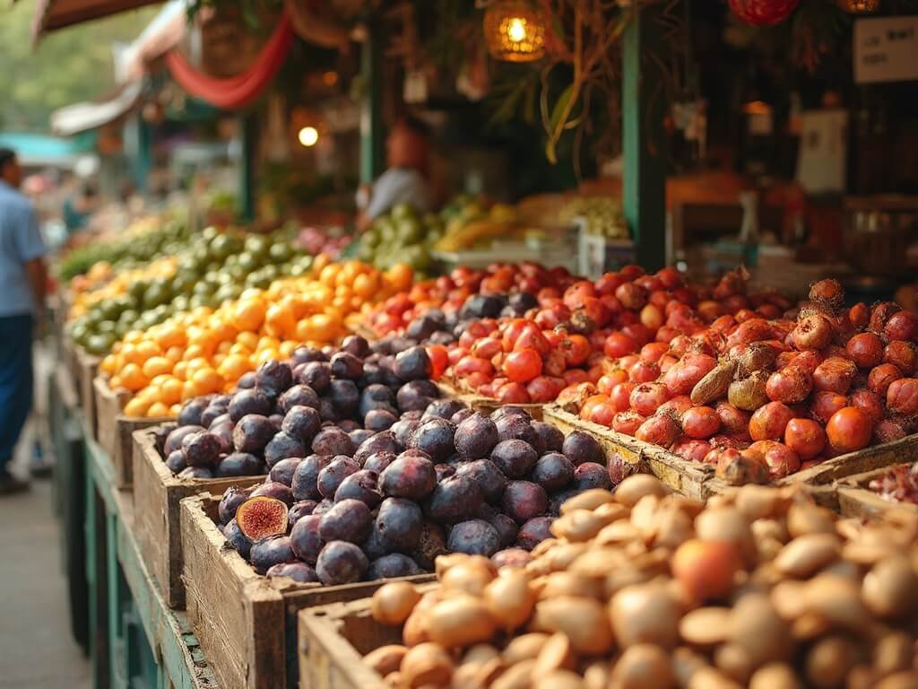 Vibrant farmers market scene featuring colorful fresh produce, local vendors, wooden crates filled with ripe figs, almonds, seasonal fruits, and vivid natural outdoor lighting showcasing September harvest abundance