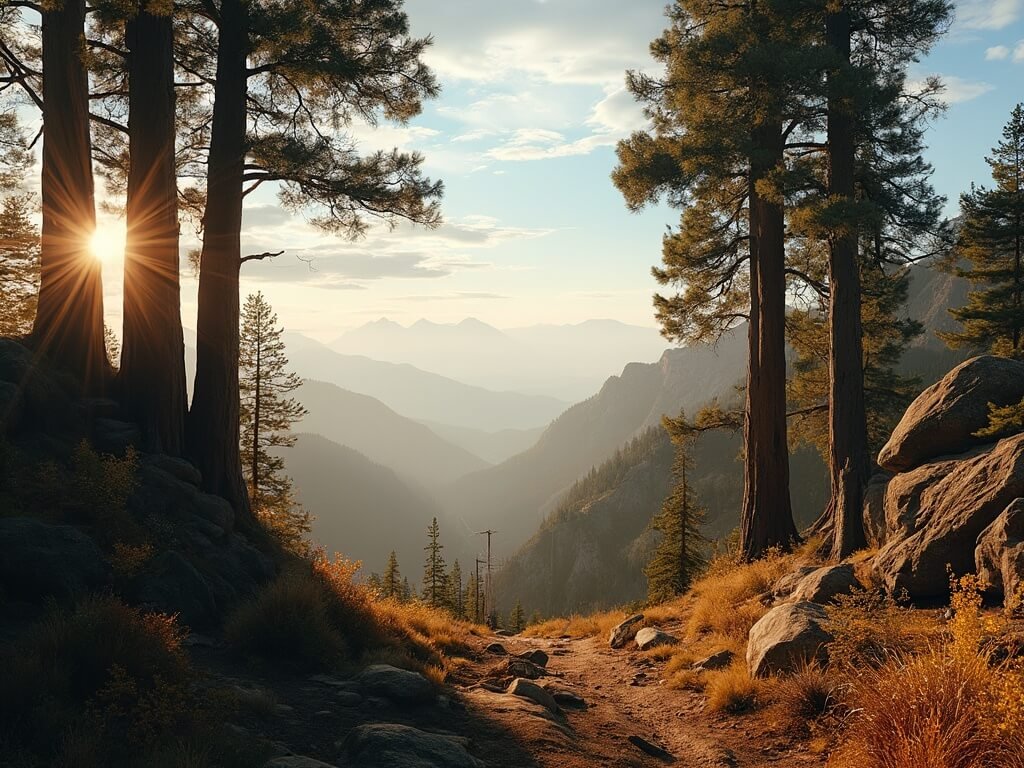 Early Autumn in Sequoia National Park with golden light through pine trees and distant mountain silhouettes